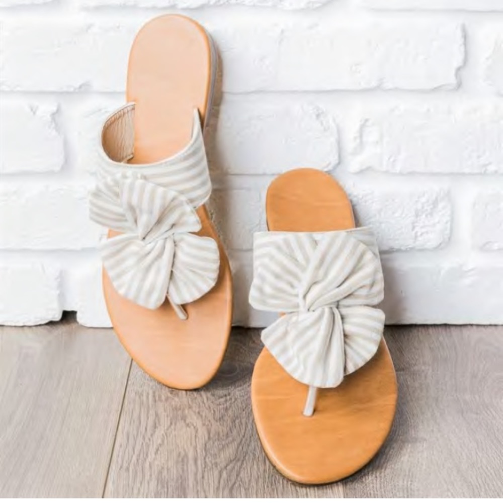 Striped Beige Bow Sandals - size 8 NEW!